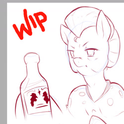 Size: 1800x1800 | Tagged: safe, artist:cold-blooded-twilight, granny smith, anthro, bottle, cider, monochrome, sketch, solo, wip