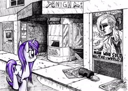 Size: 4895x3490 | Tagged: safe, artist:smellslikebeer, rarity, pony, unicorn, abandoned, black and white, bygone civilization, cinema, crosshatch, david bowie, earth, grayscale, ink, looking at something, monochrome, neo noir, partial color, traditional art, urban, wet, wet mane, wet mane rarity