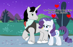 Size: 1024x658 | Tagged: safe, artist:demonkaizoku, rarity, oc, oc:blaze, pony, unicorn, blushing, canon x oc, female, heart, male, shipping, straight