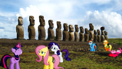 Size: 1920x1080 | Tagged: safe, artist:mr-kennedy92, derpibooru import, applejack, fluttershy, pinkie pie, rainbow dash, rarity, twilight sparkle, chile, easter island, irl, laughing, magic, mane six, moai, photo, ponies in real life, saddle bag, statue, vector