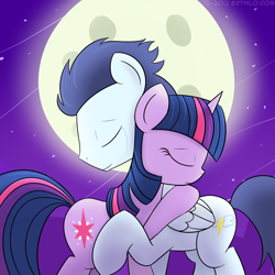 Size: 2000x2000 | Tagged: safe, artist:erthilo, derpibooru import, soarin', twilight sparkle, crying, female, hug, male, shipping, soarlight, straight