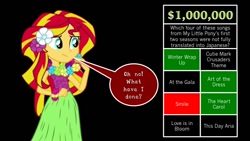 Size: 720x405 | Tagged: safe, sunset shimmer, equestria girls, winter wrap up, art of the dress, at the gala, clothes, cutie mark crusaders song, game show, grass skirt, greed, heart carol, hula, hulashimmer, japanese dub, lei, love is in bloom, my little pony, skirt, smile song, solo, song, this day aria, tomodachi wa mahou, trivia