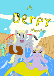 Size: 650x910 | Tagged: safe, artist:natry, derpy hooves, dinky hooves, lyra heartstrings, pegasus, pony, sea pony, a goofy movie, car, cloud, cloudy, female, fishing, mare, movie poster, parody, river, seapony lyra, suitcase