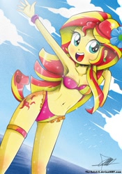 Size: 739x1055 | Tagged: safe, artist:the-butch-x, sunset shimmer, equestria girls, adorasexy, armpits, bandeau, beach, belly button, bikini, blushing, bracelet, breasts, cleavage, clothes, cute, cutie mark, cutie mark on equestria girl, female, flower in hair, frilled swimsuit, frilly, garter, happy, lace, ocean, pink swimsuit, sexy, shimmerbetes, solo, sunset jiggler, swimsuit, tricolor swimsuit, underass, water, x summer