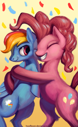 Size: 1515x2466 | Tagged: safe, artist:hoofboot, derpibooru import, pinkie pie, rainbow dash, earth pony, pegasus, pony, confetti, hug