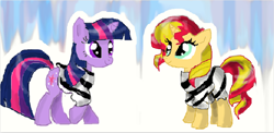 Size: 916x446 | Tagged: safe, artist:kittenpuffybuns, sunset shimmer, twilight sparkle, pony, clothes, prison outfit, prison stripes, prisoner ts