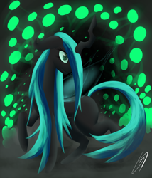 Size: 1500x1750 | Tagged: safe, artist:thegraid, queen chrysalis, changeling, changeling queen, cave, egg, solo