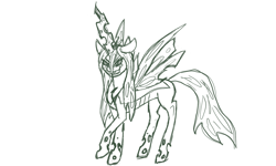 Size: 1280x770 | Tagged: safe, artist:katkathasahathat, queen chrysalis, changeling, changeling queen, grin, monochrome, solo