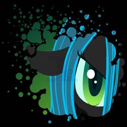 Size: 1024x1024 | Tagged: safe, artist:joellethenose, queen chrysalis, changeling, changeling queen, angry, black background, close-up, female, floppy ears, looking at you, paint splatter, simple background, solo, watermark