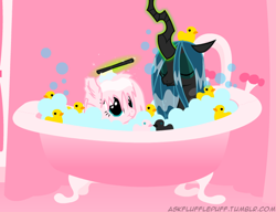 Size: 650x500 | Tagged: safe, artist:mixermike622, queen chrysalis, oc, oc:fluffle puff, changeling, changeling queen, bath, canon x oc, chrysipuff, cute, cutealis, female, lesbian, rubber duck, shipping, tumblr:ask fluffle puff