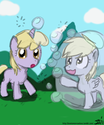 Size: 500x600 | Tagged: safe, artist:johnjoseco, derpy hooves, dinky hooves, bubble, colored, filly