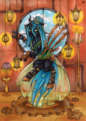 Size: 706x1000 | Tagged: safe, artist:madblackie, queen chrysalis, changeling, changeling queen, candle, lamp, lantern, solo, steampunk, traditional art