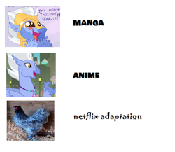 Size: 718x624 | Tagged: safe, artist:damiranc1, artist:underpable, derpibooru import, edit, sky beak, bird, chicken, hippogriff, surf and/or turf, meme, netflix, netflix adaptation, text