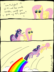 Size: 840x1120 | Tagged: safe, artist:bibliodragon, derpibooru import, fluttershy, twilight sparkle, unicorn twilight, pegasus, pony, unicorn, comic, dialogue, exploitable meme, female, grab my meme, lesbian, mare, rainbow trail, shipping, twishy, yay