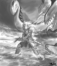 Size: 900x1029 | Tagged: safe, artist:johnjoseco, derpy hooves, human, hydra, crossover, dark souls, epic derpy, grayscale, humanized, monochrome, moonlight great sword, multiple heads