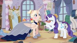 Size: 1920x1080 | Tagged: safe, artist:hollowzero, apple bloom, rarity, scootaloo, sweetie belle, oc, oc:pearly gates, alicorn, pony, unicorn, alicorn oc, bishie, clothes, crossdressing, cutie mark crusaders, dress, glasses, makeover, makeup, rarity's glasses