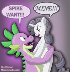 Size: 852x874 | Tagged: safe, artist:moominded, rarity, spike, dragon, pony, unicorn, crossing the memes, discorded, evil grin, female, good end, greed spike, greedity, interspecies, male, meme, mine!, shipping, smiling, sparigreed, sparity, spike want, straight