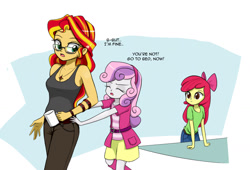 Size: 1304x888 | Tagged: safe, artist:twilite-sparkleplz, apple bloom, sunset shimmer, sweetie belle, equestria girls, bags under eyes, clothes, dialogue, glasses, insomnia, mug, pushing, rump push, skirt, tanktop