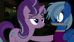 Size: 1258x719 | Tagged: safe, artist:westrail642fan, starlight glimmer, oc, oc:sapphire lily, pony, unicorn, duct tape, fazbear's fright: the horror attraction, five nights at freddy's, five nights at freddy's 3, glowing eyes, s5 starlight, springtrapped