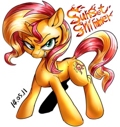 Size: 952x998 | Tagged: safe, artist:nekubi, sunset shimmer, pony, unicorn, grin, simple background, solo