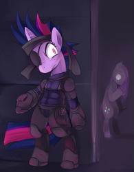 Size: 683x874 | Tagged: safe, artist:ende26, derpibooru import, pinkie pie, twilight sparkle, earth pony, pony, bipedal, crossover, future twilight, konami, metal gear, pinkamena diane pie