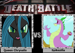 Size: 900x642 | Tagged: safe, queen chrysalis, spike, changeling, changeling queen, dragon, death battle, exploitable meme, meme, spikezilla