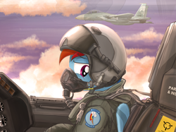 Size: 1280x957 | Tagged: safe, artist:buckweiser, derpibooru import, rainbow dash, pegasus, pony, aircraft, clothes, cloud, cockpit, f-15 eagle, female, flying, helmet, jet, jet fighter, looking back, mare, military, pilot, sad, sky, solo, worried
