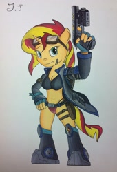 Size: 1280x1880 | Tagged: safe, artist:jet-ann, sunset shimmer, anthro, belly button, boots, breasts, cleavage, clothes, female, goggles, gun, handgun, holster, jacket, midriff, no trigger discipline, panties, pistol, shoes, solo, sunset jiggler, thong, traditional art, underwear, weapon