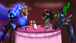 Size: 2560x1440 | Tagged: safe, artist:okusheny, discord, king sombra, nightmare moon, queen chrysalis, oc, oc:fluffle puff, changeling, changeling queen, pony, unicorn, cake, candy heart, churros, food, magic, spanish, table, tea, telekinesis