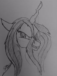 Size: 3024x4032 | Tagged: safe, artist:dmdash, queen chrysalis, changeling, changeling queen, grin, monochrome, solo, traditional art