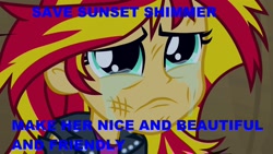 Size: 1920x1080 | Tagged: safe, screencap, sunset shimmer, equestria girls, bronybait, caption, crying, hilarious in hindsight, it happened, reformation, shimmerbuse, sunsad shimmer, text