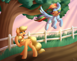 Size: 2500x2000 | Tagged: safe, artist:spirit-dude, derpibooru import, applejack, rainbow dash, earth pony, pegasus, pony, cowboy hat, crepuscular rays, cute, dirt path, duo, eyes closed, fence, freckles, grass, hat, mouth hold, open mouth, raised hoof, request, requested art, stetson, tongue out, tree