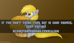 Size: 500x293 | Tagged: safe, derpy hooves, pegasus, pony, blonde, blonde mane, blonde tail, female, gray coat, mare, meta, pony confession, text, wings