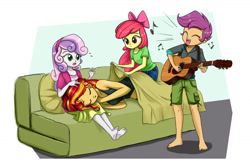 Size: 1397x926 | Tagged: safe, artist:twilite-sparkleplz, apple bloom, scootaloo, sunset shimmer, sweetie belle, equestria girls, barefoot, blanket, bow, clothes, cute, cutie mark crusaders, eyes closed, feet, female, guitar, hair bow, head on lap, jacket, midriff, on side, open mouth, pillow, shimmerbetes, shirt, singing, sitting, skirt, sleeping, smiling, sofa, sweatdrop, tanktop, twilite-sparkleplz is trying to murder us, yelling