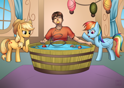 Size: 4092x2893 | Tagged: artist needed, safe, derpibooru import, applejack, gummy, rainbow dash, human, fanfic:the lost element, apple, apple bobbing, bandage, fanfic art, party, prank, spring, sugarcube corner, trick, tub, water