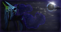 Size: 3263x1750 | Tagged: safe, artist:fancymareinblue, nightmare moon, queen chrysalis, changeling, changeling queen, chrysmoon, eclipse, female, grin, hug, lesbian, magic, shipping, solar eclipse