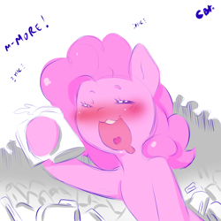 Size: 2000x2000 | Tagged: safe, artist:cold-blooded-twilight, pinkie pie, earth pony, pony, 30 minute art challenge, blushing, cider, drool, drunk, drunkie pie, go home you're drunk, mug, solo