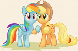 Size: 1232x801 | Tagged: safe, artist:igriega13, derpibooru import, applejack, rainbow dash, earth pony, pegasus, pony, appledash, female, holding hooves, lesbian, shipping