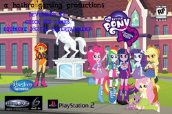 Size: 980x652 | Tagged: safe, applejack, fluttershy, pinkie pie, rainbow dash, spike, sunset shimmer, twilight sparkle, dog, equestria girls, check six studios, equinox digital entertainment, exploitable meme, fake, hasbro gaming, meme, playstation 2, spike the dog