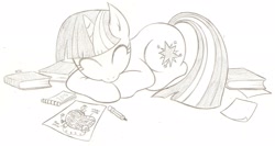 Size: 1919x1020 | Tagged: safe, artist:creamygravy, derpibooru import, twilight sparkle, book, brain surgery, nap, notes, paper, pencil, peru, peruvian, sleeping, solo