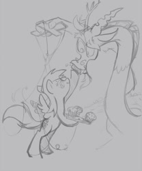 Size: 666x800 | Tagged: safe, artist:tomatocoup, derpy hooves, discord, pegasus, pony, confused, female, food, mare, marionette, monochrome, muffin, sketch