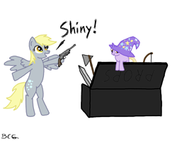 Size: 1280x1024 | Tagged: safe, artist:bronyelite, derpy hooves, dinky hooves, pegasus, pony, female, gun, mare, the great and powerful