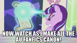 Size: 640x360 | Tagged: safe, screencap, starlight glimmer, pony, unicorn, the cutie re-mark, glimmer's alterations, image macro, meme, meta, pure unfiltered evil, solo, this will end in timeline distortion