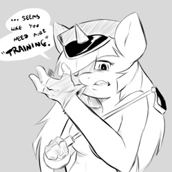 Size: 1200x1200 | Tagged: safe, artist:cold-blooded-twilight, twilight sparkle, anthro, bdsm, clothes, cold blooded twilight, dialogue, femdom, fingerless gloves, gloves, hat, monochrome, riding crop, twidom