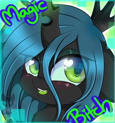 Size: 1193x1280 | Tagged: safe, artist:teranen, queen chrysalis, changeling, changeling queen, colored pupils, eye clipping through hair, female, magic, solo, vulgar