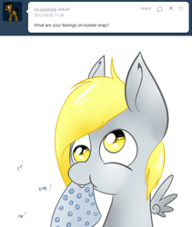 Size: 1280x1520 | Tagged: safe, artist:lilfaux, derpy hooves, ask, ask lil derpy, bubble wrap, filly, tumblr