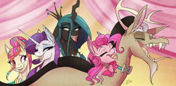 Size: 1000x487 | Tagged: safe, artist:probablyfakeblonde, discord, pinkie pie, queen chrysalis, rarity, torch song, changeling, changeling queen, earth pony, pony, unicorn, singing