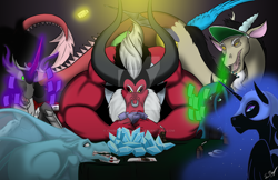 Size: 1024x663 | Tagged: safe, artist:chibiorochimaru, discord, king sombra, lord tirek, nightmare moon, queen chrysalis, sonata dusk, changeling, changeling queen, siren, equestria girls, card, magic, poker, poker night, telekinesis, watermark