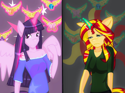 Size: 1464x1092 | Tagged: safe, artist:lovedoc2, sunset shimmer, twilight sparkle, twilight sparkle (alicorn), alicorn, anthro, elements of harmony