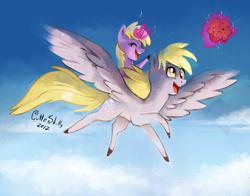 Size: 1286x1010 | Tagged: safe, artist:cuteskitty, derpy hooves, dinky hooves, pegasus, pony, cloud, cloudy, duo, eyes closed, female, flying, magic, mare, mother and child, mother and daughter, muffin, parent and child, ponies riding ponies, riding, sky, telekinesis